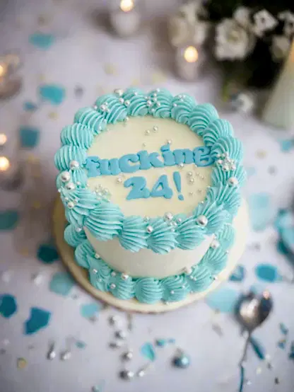 mini cake with fucking 24 words on top in baby blue, finished with shiny silver sprinkles